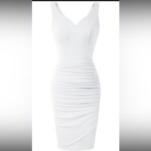 Sleeveless Deep V Neck Ruched Cocktail Pencil Dress